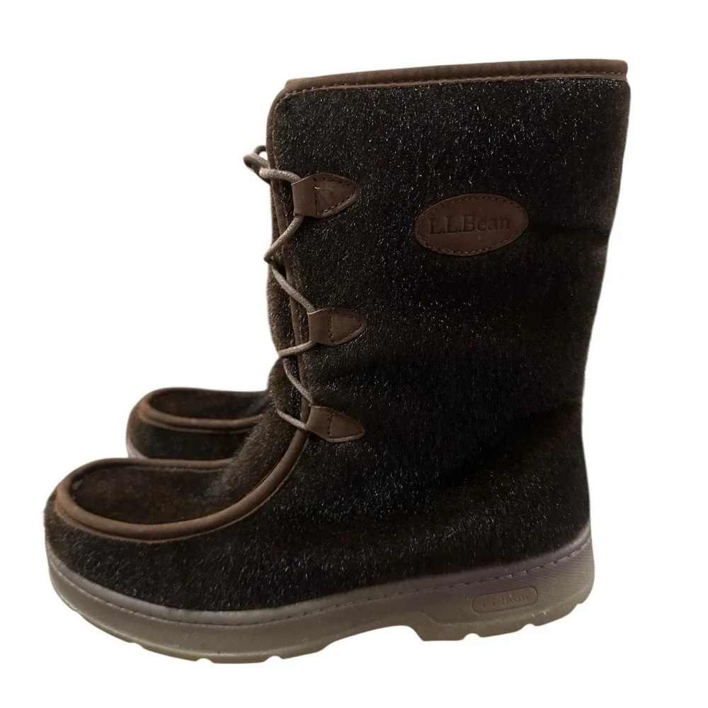 LL Bean Women 9 M Mukluk Winter Boots Brown Fleece Lined Faux Fur Faux Calf Hair